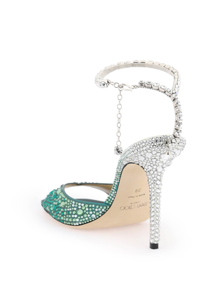 Shop Jimmy Choo Saeda 100 Sandals With Degradé Crystals In Emarald Crystal (green)
