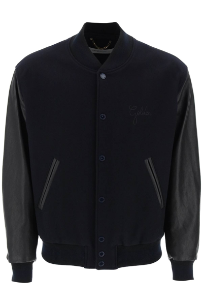 Shop Golden Goose Aleandro Bomber Jacket With Leather Sleeves In Dark Blue Black (blue)
