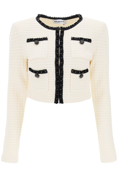 Shop Self-portrait Cropped Cardigan With Sequin Trims In Cream (white)