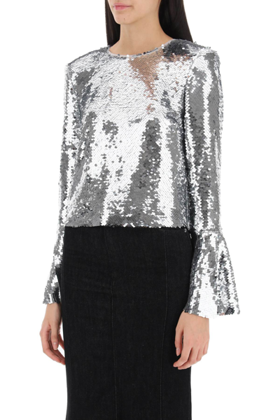 Shop Self-portrait Sequined Cropped Top In Silver (silver)