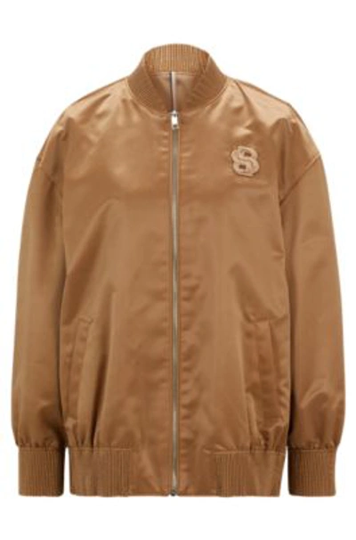 Shop Hugo Boss Sateen Bomber Jacket With Double Monogram Embroidery In Beige