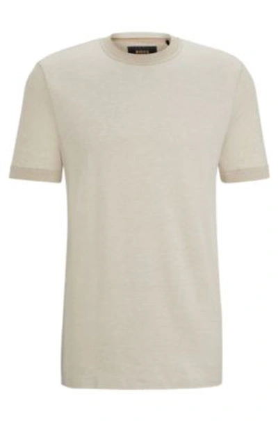 Hugo Boss Cotton-silk Regular-fit T-shirt With Mixed Structures In Light Beige