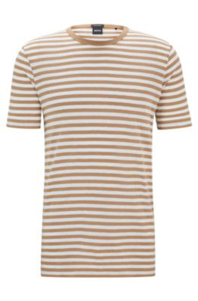 Shop Hugo Boss Horizontal-stripe T-shirt In Cotton And Linen In Beige