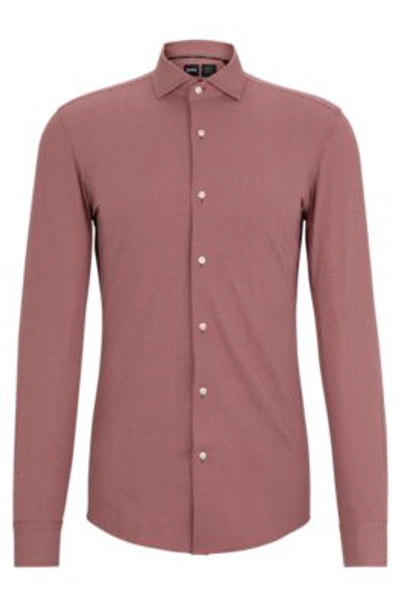 Hugo Boss Slim-fit Shirt In Printed Performance-stretch Fabric In Light Brown