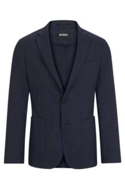 Shop Hugo Boss Slim-fit Single-breasted Jacket In A Linen Blend In Dark Blue