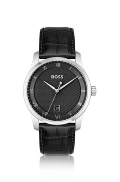 Shop Hugo Boss Leather-strap Watch With Black Patterned Dial Men's Watches In Assorted-pre-pack