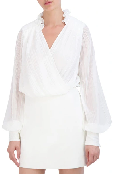 Shop Bcbg New York Pleat Surplice V-neck Long Sleeve Blouse In Marshmallow