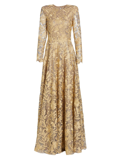 Shop Naeem Khan Women's Floral Lace A-line Gown In Gold Silver