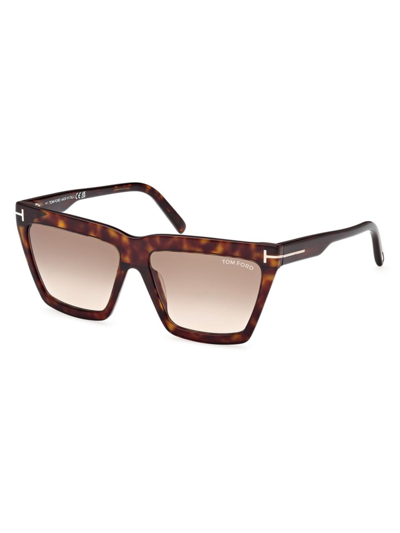Shop Tom Ford Women's 56mm Geometric Sunglasses In Dark Havana Brown Gradient