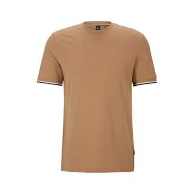 Shop Hugo Boss Cotton-jersey T-shirt With Signature-stripe Cuffs In Beige