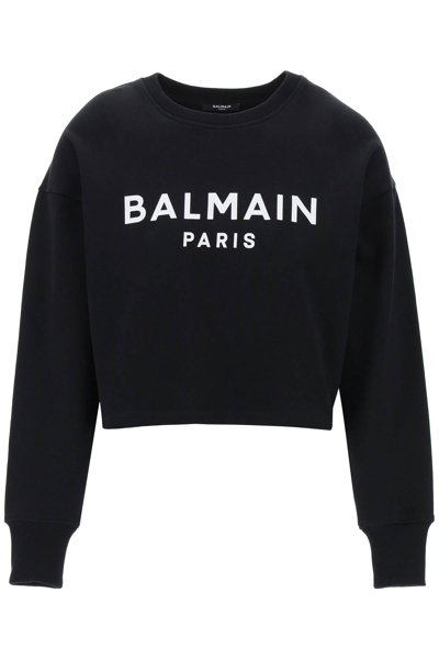 Shop Balmain Cropped Sweatshirt With Flocked Logo In Noir Blanc (black)