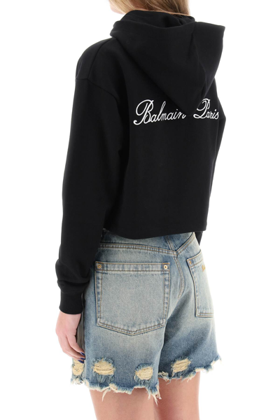 Shop Balmain Cropped Hoodie With Logo Embroidery In Noir Blanc (black)