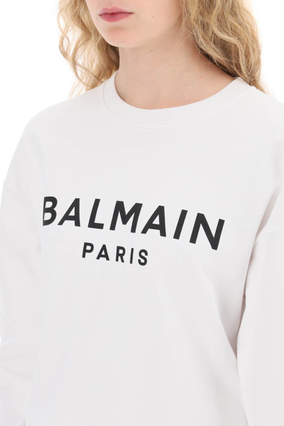 Shop Balmain Cropped Sweatshirt With Flocked Logo In Blanc Noir (white)