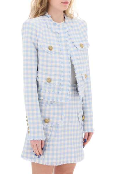 Shop Balmain Bolero Jacket In Tweed With Gingham Pattern In Bleu Pale Blanc (white)