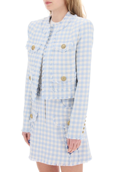 Shop Balmain Bolero Jacket In Tweed With Gingham Pattern In Bleu Pale Blanc (white)