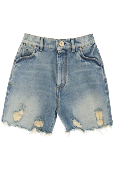 Shop Balmain Distressed Denim Shorts In Bleu Jean (light Blue)
