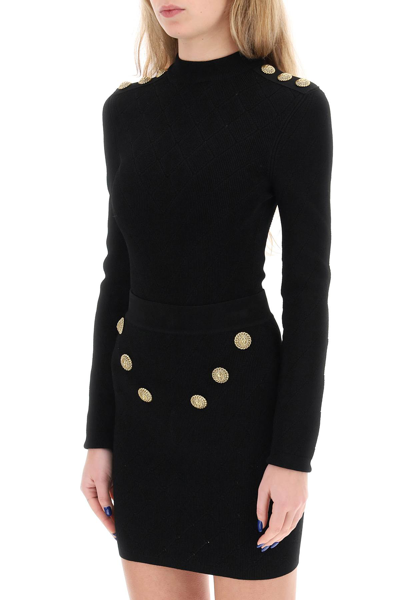 Shop Balmain Knitted Bodysuit With Embossed Buttons In Noir (black)