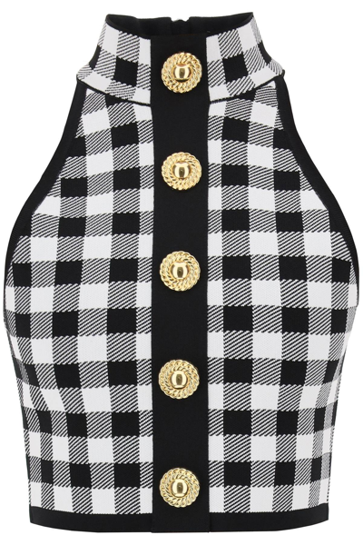 Shop Balmain Gingham Knit Cropped Top With Embossed Buttons In Noir Blanc (white)