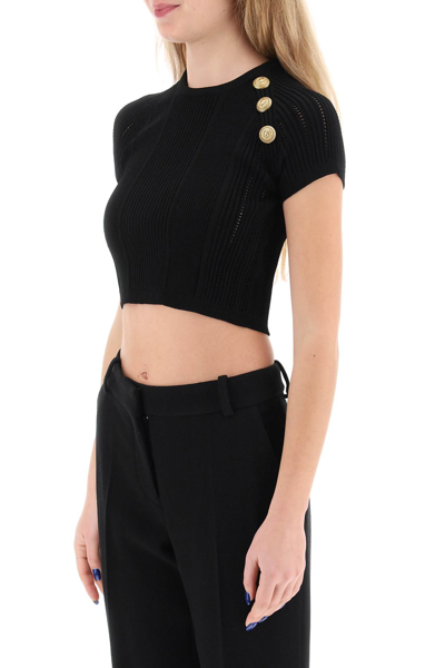 Shop Balmain Knitted Cropped Top With Embossed Buttons In Noir (black)