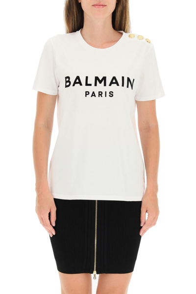 Shop Balmain T-shirt With Logo Print And Embossed Buttons In Blanc Noir (white)