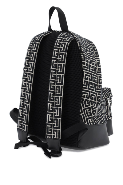Shop Balmain Jacquard Backpack With Monogram In Ivoire Noir (white)