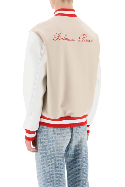 Shop Balmain Bomber Jacket With Logo Embroidery In Ivoire Blanc Casse Rouge (beige)