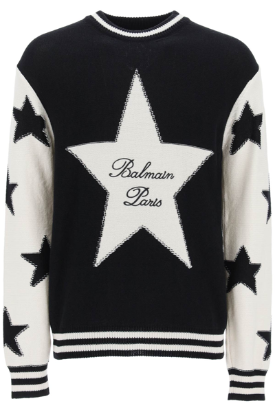 Shop Balmain Sweater With Star Motif In Noir Naturel (black)