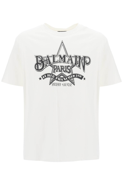 Shop Balmain Crew-neck T-shirt With Logo Print In Blanc Noir (white)