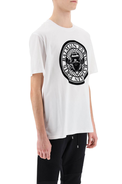 Shop Balmain T-shirt With Flocked Coin Print In Blanc Noir (white)