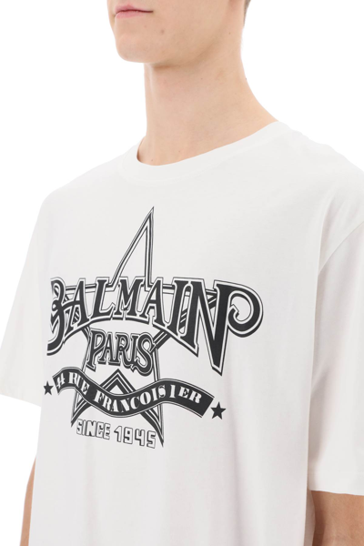 Shop Balmain Crew-neck T-shirt With Logo Print In Blanc Noir (white)