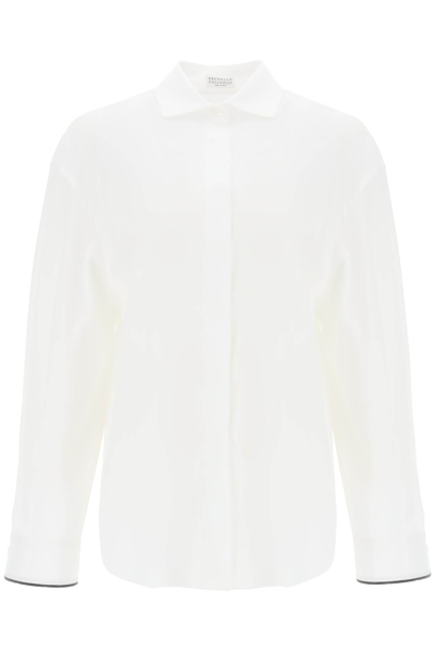 Shop Brunello Cucinelli Wide Sleeve Shirt With Shiny Cuff Details In Bianco (white)