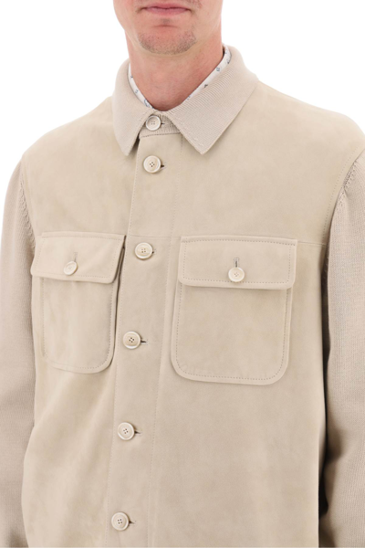 Shop Brunello Cucinelli Leather And Knit Hybrid Jacket In Biscuit (beige)