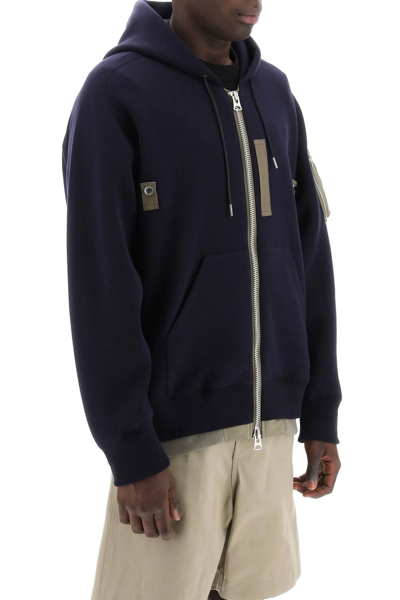 Shop Sacai Full Zip Hoodie With Contrast Trims In Navy (blue)