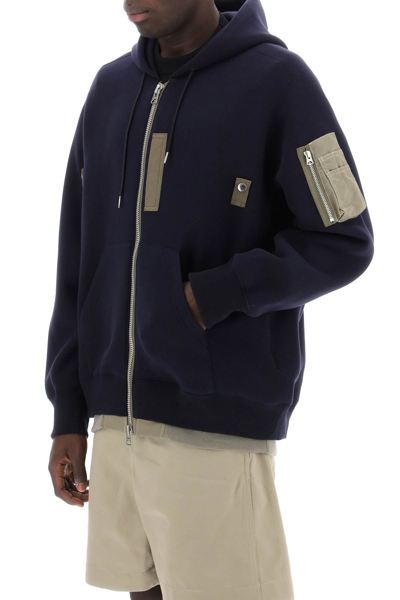 Shop Sacai Full Zip Hoodie With Contrast Trims In Navy (blue)