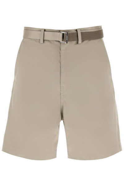 Shop Sacai Cotton Belted Shorts In Beige (khaki)