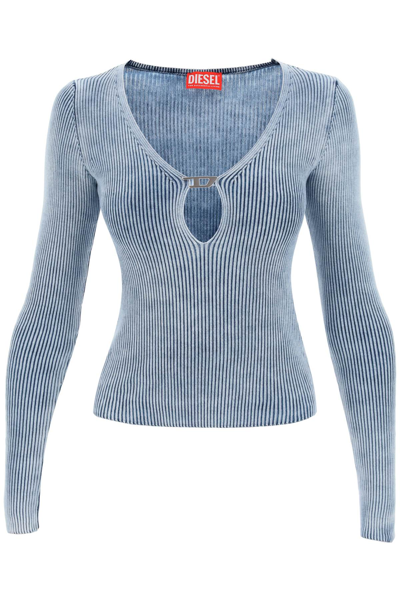 Shop Diesel M-teri Ribbed Sweater With Logo Plaque In Denim (light Blue)