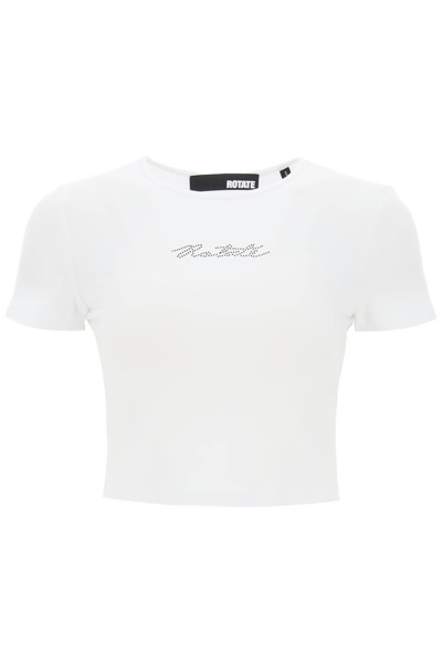 Shop Rotate Birger Christensen Cropped T-shirt With Rhinestone Logo In Bright White (white)