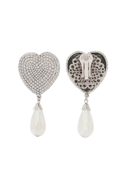 Shop Alessandra Rich Heart Crystal Earrings With Pearls In Cry Silver (silver)