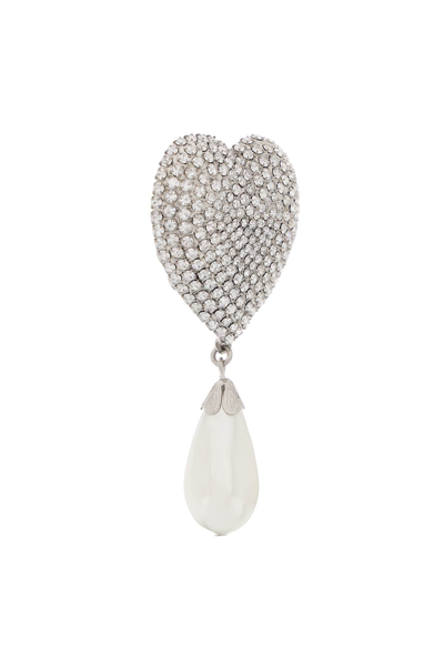 Shop Alessandra Rich Heart Crystal Earrings With Pearls In Cry Silver (silver)