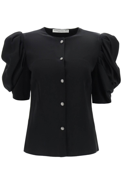 Shop Alessandra Rich Envers Satin Blouse With Bouffant Sleeves In Black (black)