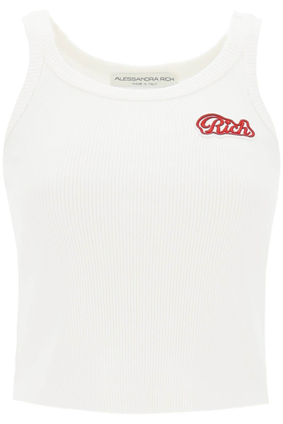 Shop Alessandra Rich Ribbed Tank Top With Logo Patch In Ecru (white)