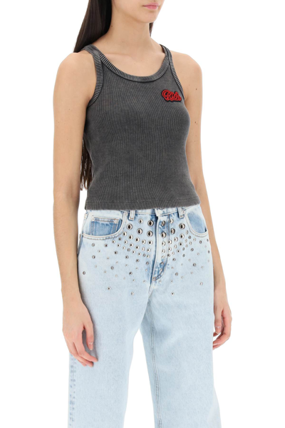 Shop Alessandra Rich Ribbed Tank Top With Logo Patch In Grey (grey)
