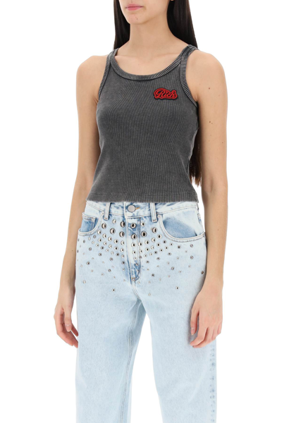 Shop Alessandra Rich Ribbed Tank Top With Logo Patch In Grey (grey)