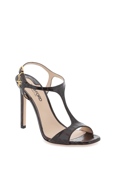Shop Tom Ford Angelina Sandals In Croco-embossed Glossy Leather In Espresso (brown)