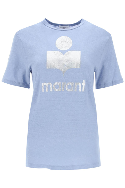Shop Marant Etoile Zewel T-shirt With Metallic Logo Print In Blue Silver (silver)