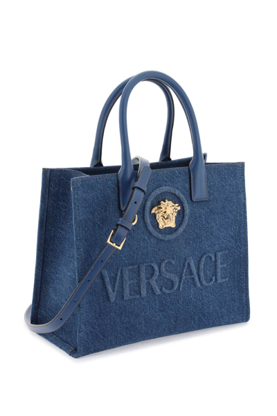 Shop Versace Small Denim La Medusa Tote Bag In Navy Blue  Gold (blue)