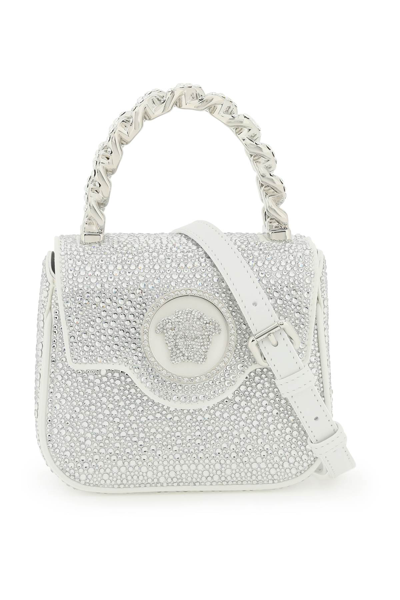 Shop Versace La Medusa Handbag With Crystals In Optical White Palladium (silver)