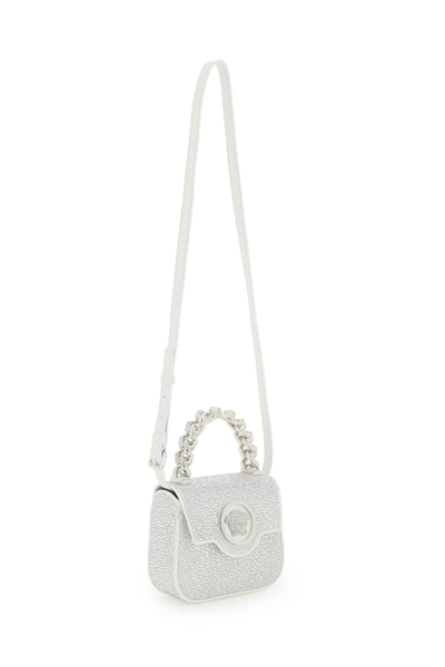 Shop Versace La Medusa Handbag With Crystals In Optical White Palladium (silver)