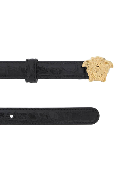 Shop Versace La Medusa Croco-embossed Belt In Black  Gold (black)