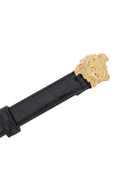 Shop Versace La Medusa Croco-embossed Belt In Black  Gold (black)
